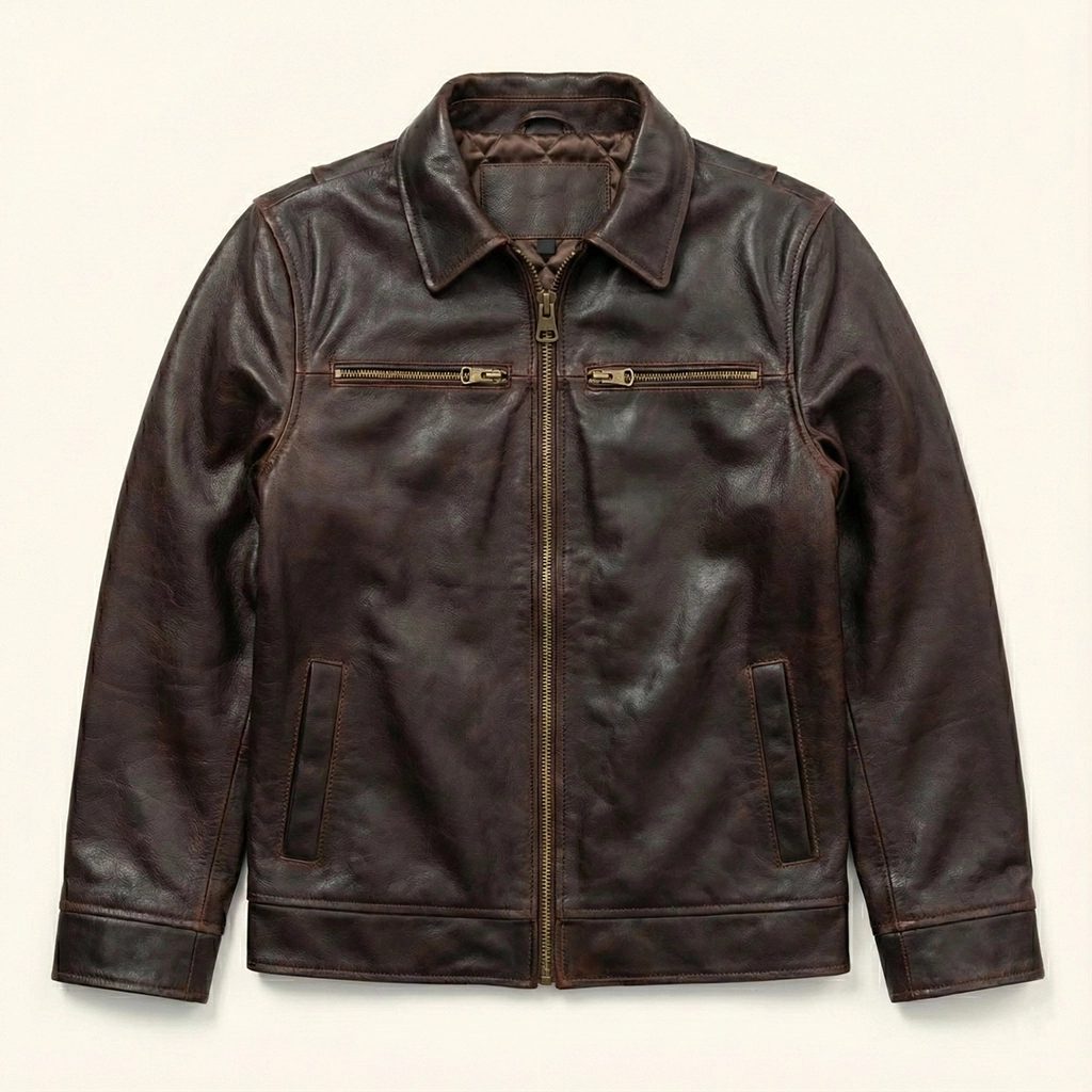 Rare Stitched Men’s Vintage Leather Trucker Jacket – Distressed Brown Field Coat with Zip Pockets - Image 3
