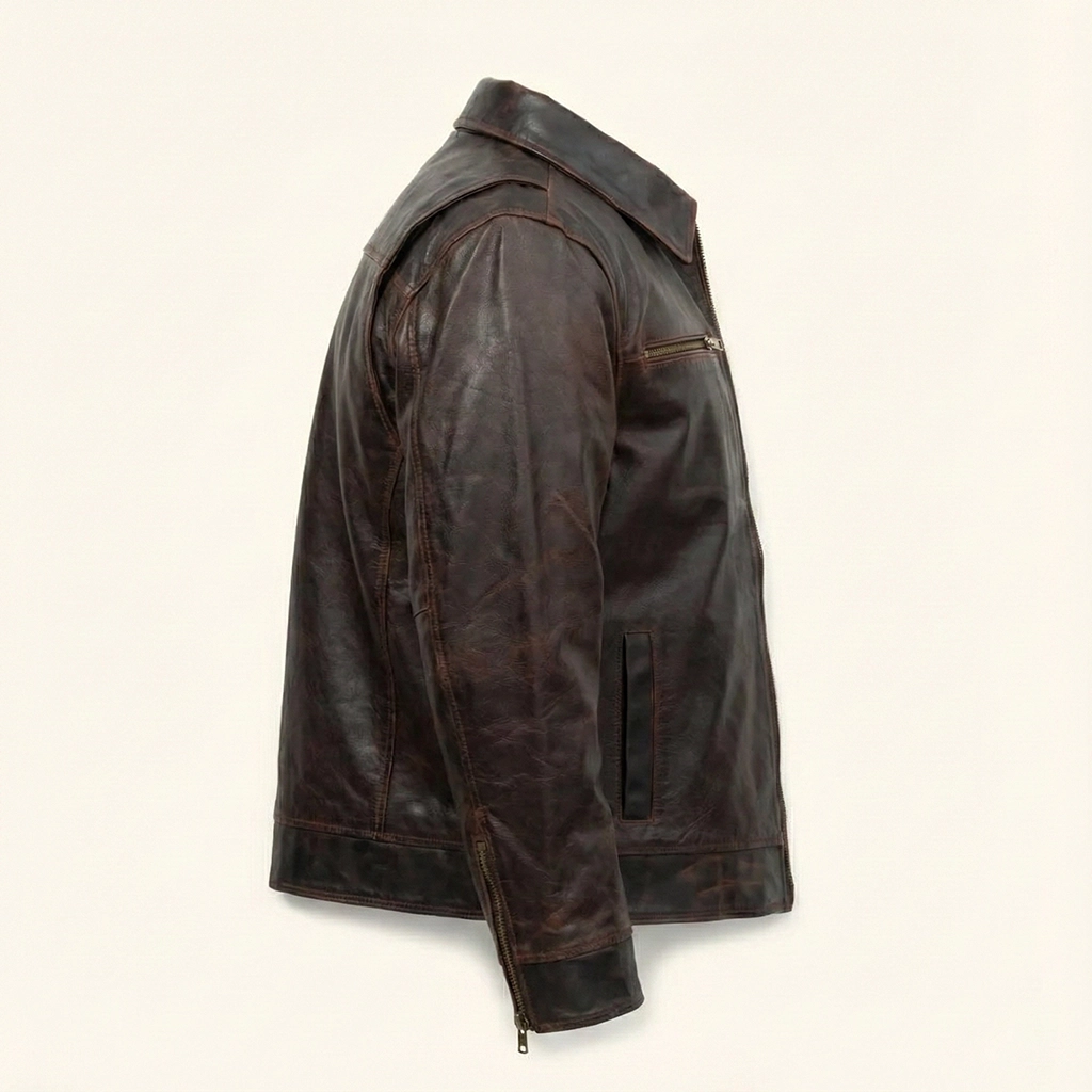 Rare Stitched Men’s Vintage Leather Trucker Jacket – Distressed Brown Field Coat with Zip Pockets - Image 5