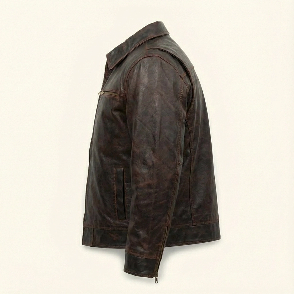 Rare Stitched Men’s Vintage Leather Trucker Jacket – Distressed Brown Field Coat with Zip Pockets - Image 6