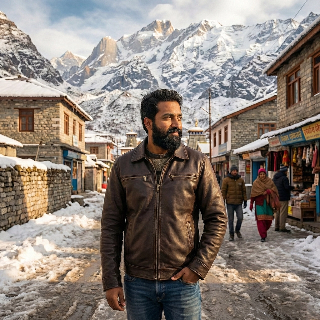 Rare Stitched men's brown leather trucker jacket worn by a man in a snowy mountain village.