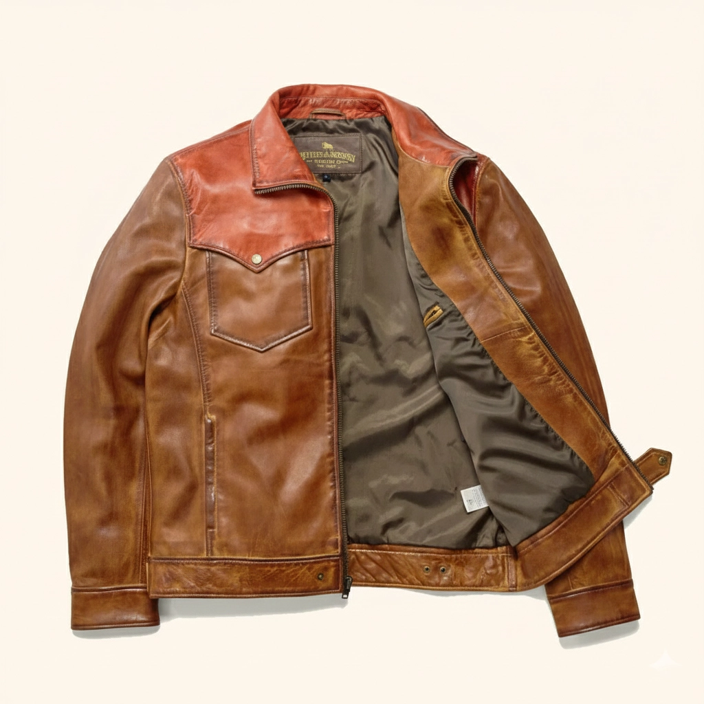 Rare Stitched Men’s Two-Tone Western Leather Jacket – Vintage Rancher Coat with Contrast Yoke - Image 4