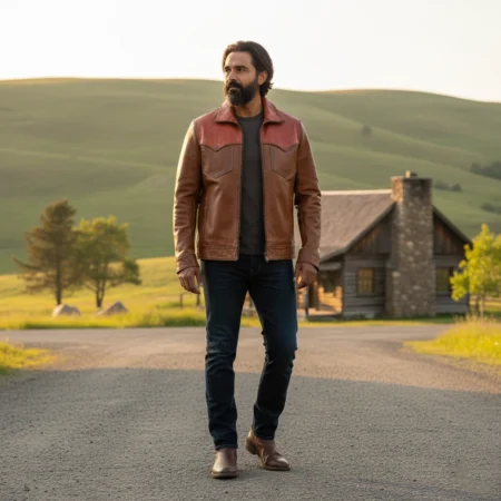 Rare Stitched men's two-tone western leather jacket with rust shoulders and tan body, worn by a man on a ranch road.