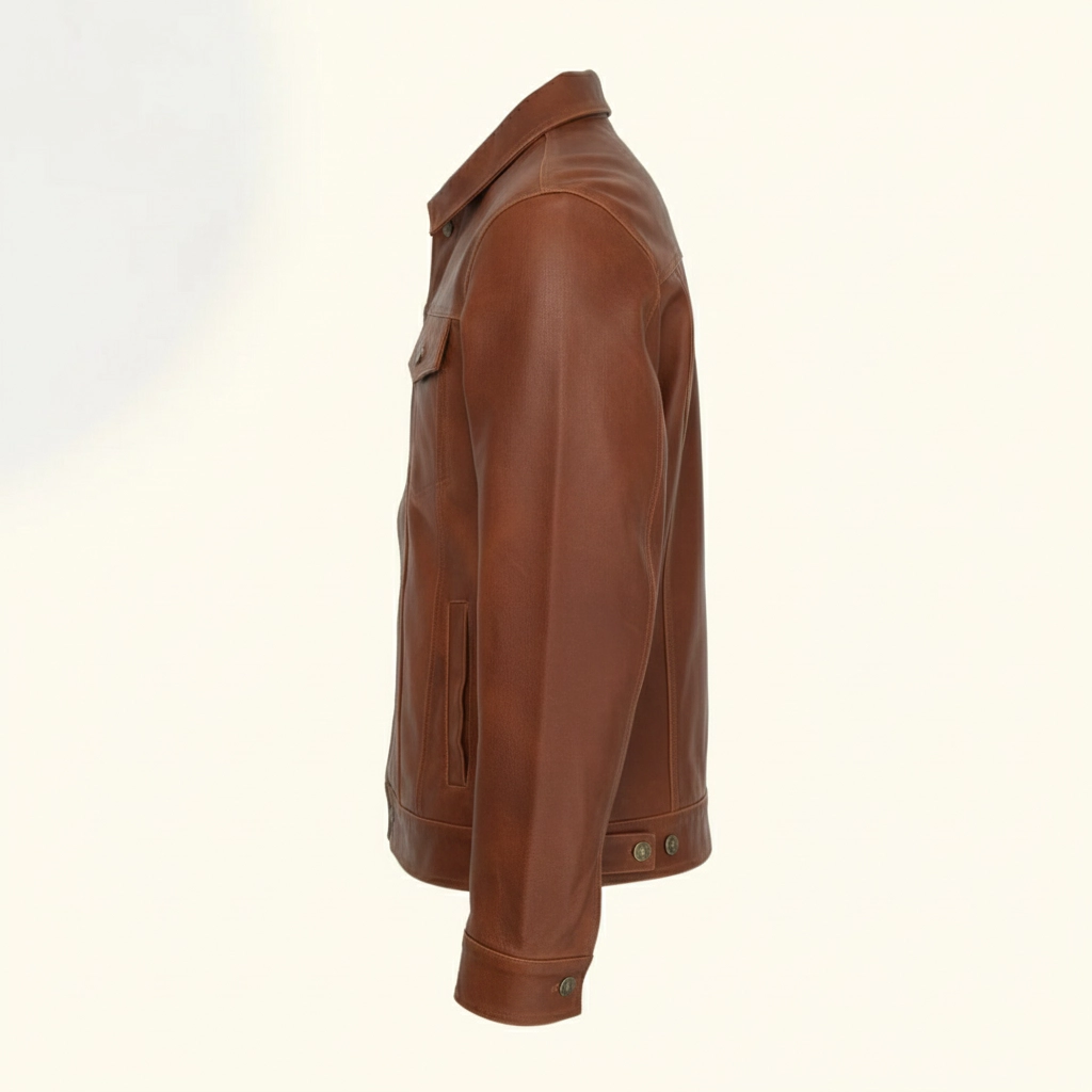 Rare Stitched Men's Cognac Brown Leather Trucker Jacket – Classic Button-Down Western Coat | Vintage Fit - Image 5