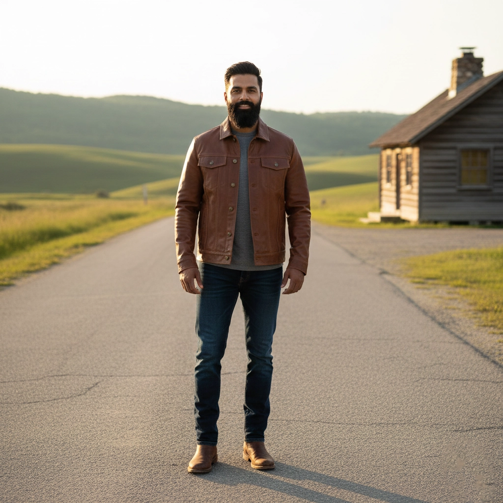 Rare Stitched Men's Cognac Brown Leather Trucker Jacket – Classic Button-Down Western Coat | Vintage Fit - Image 2
