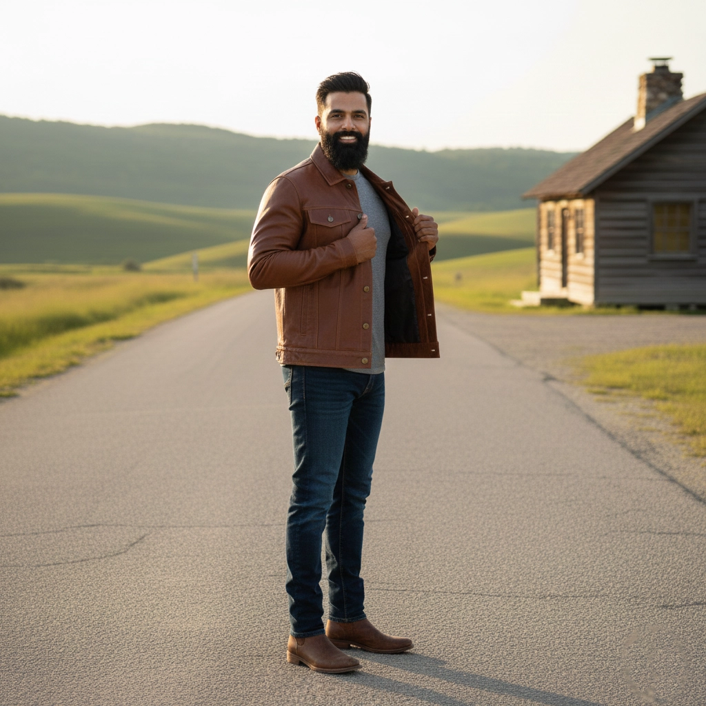 Rare Stitched Men's Cognac Brown Leather Trucker Jacket – Classic Button-Down Western Coat | Vintage Fit - Image 4