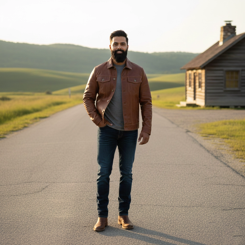 Rare Stitched men's cognac brown leather trucker jacket with button front, worn by a man standing on a country road.