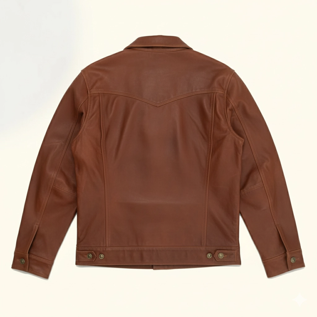 Rare Stitched Men's Cognac Brown Leather Trucker Jacket – Classic Button-Down Western Coat | Vintage Fit - Image 6