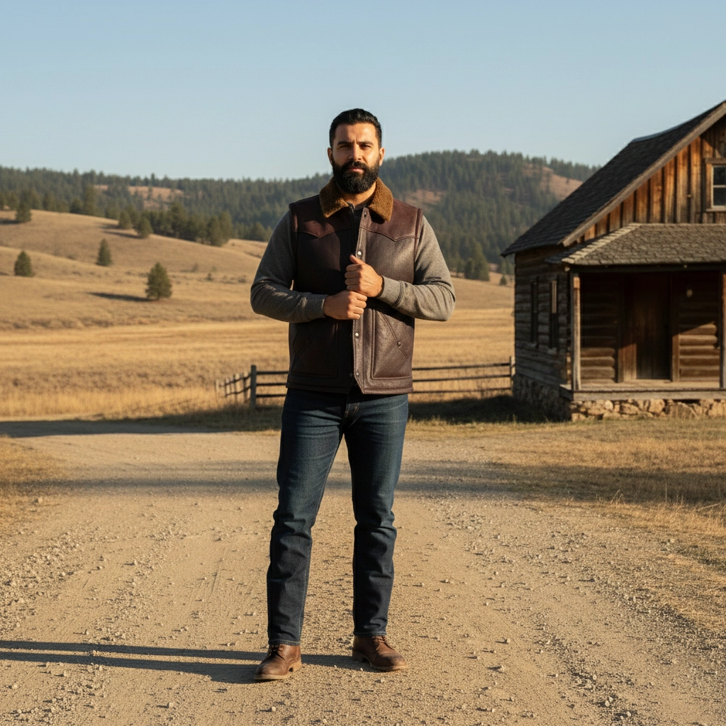 Rare Stitched Men’s Western Leather Vest – Sherpa Collar Ranch Gilet with Snap Closure - Image 2