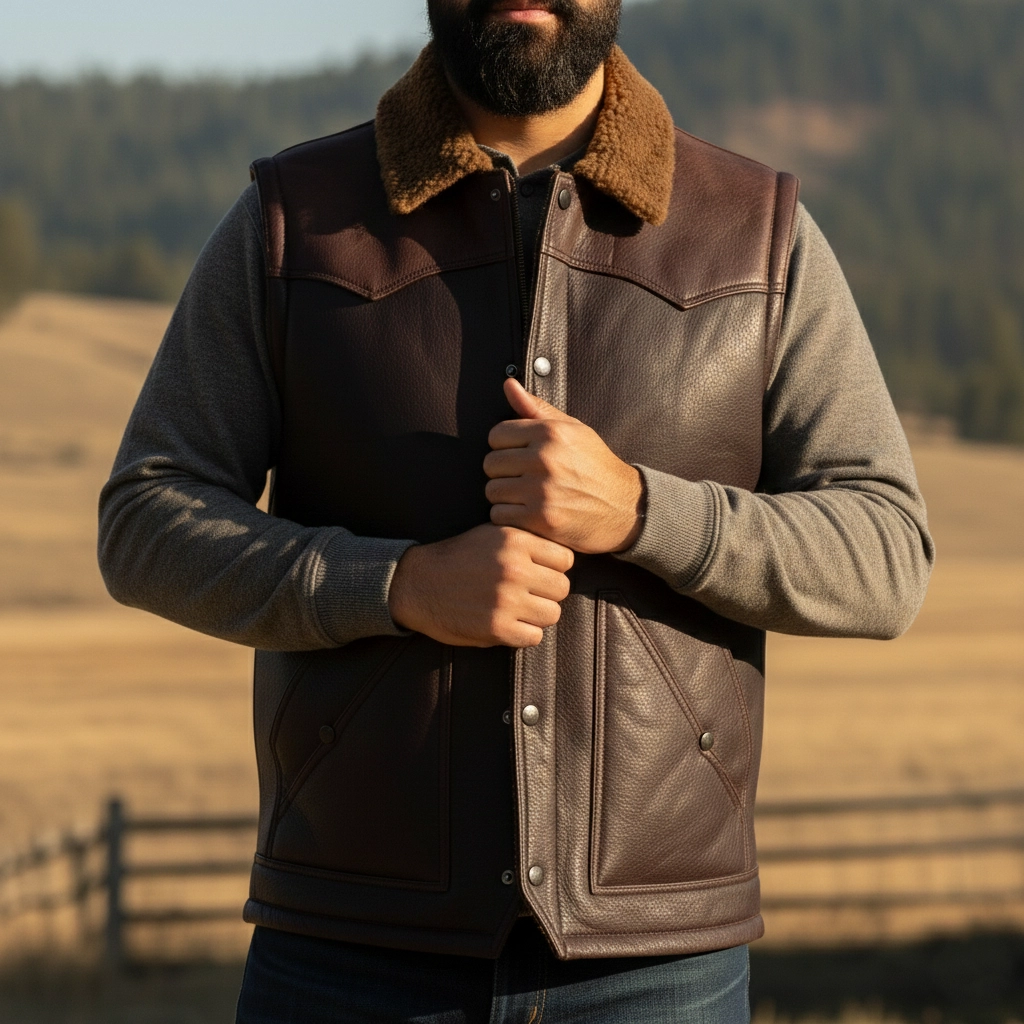 Rare Stitched Men’s Western Leather Vest – Sherpa Collar Ranch Gilet with Snap Closure - Image 3