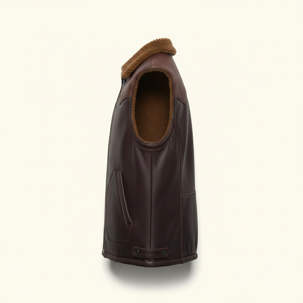 Rare Stitched Men’s Western Leather Vest – Sherpa Collar Ranch Gilet with Snap Closure - Image 4