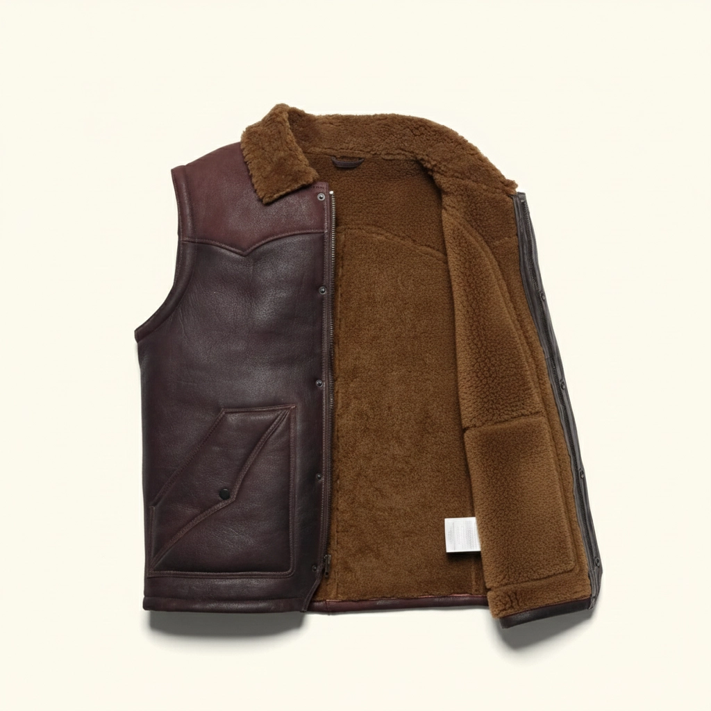 Rare Stitched Men’s Western Leather Vest – Sherpa Collar Ranch Gilet with Snap Closure - Image 5