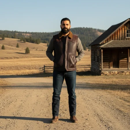 Rare Stitched men's dark brown leather western vest with shearling collar worn over a grey sweater on a ranch.
