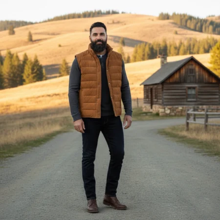 Rare Stitched men's tan quilted suede leather puffer vest worn by a man standing on a ranch road with mountains in background.