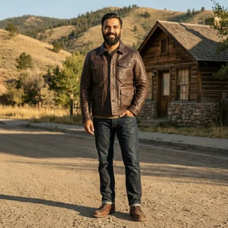 Rare Stitched men's dark brown leather trucker jacket with button front, worn by a bearded man standing on a dirt road near a wooden cabin.