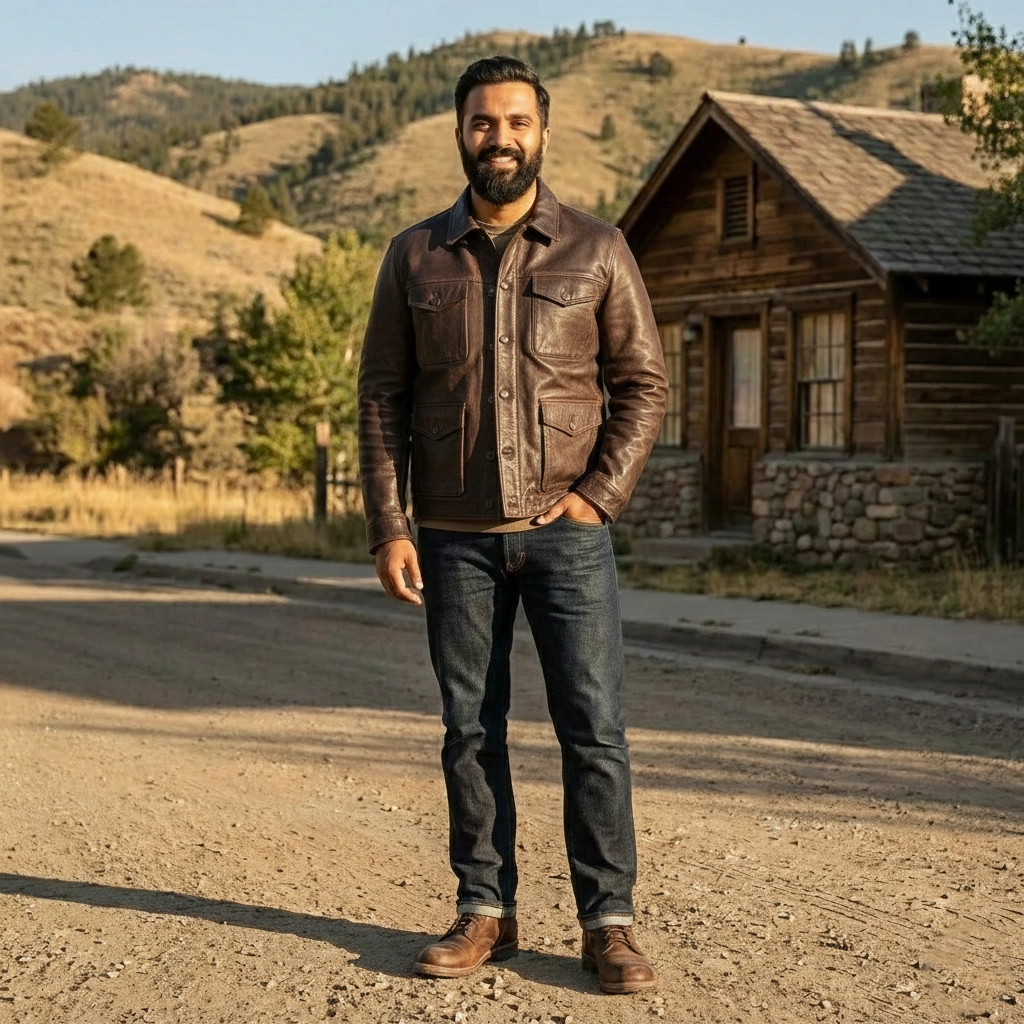 Rare Stitched men's dark brown leather trucker jacket with button front, worn by a bearded man standing on a dirt road near a wooden cabin.