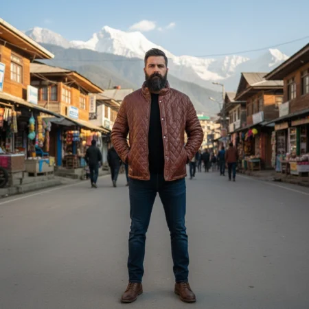 Rare Stitched men's brown diamond quilted leather jacket with stand collar, worn by a man standing on a street with snow-capped mountains in the background."