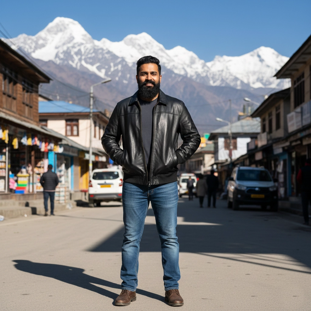Rare Stitched men's black leather bomber jacket with shirt collar and ribbed cuffs, standing in a mountain street setting.