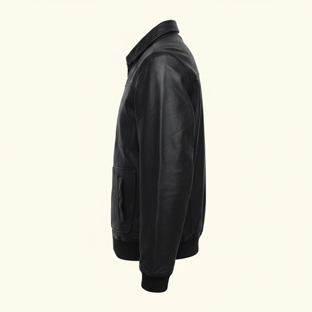 Rare Stitched Men’s Classic Black Leather Jacket – Premium Zip-Up Coat with Ribbed Cuffs - Image 5