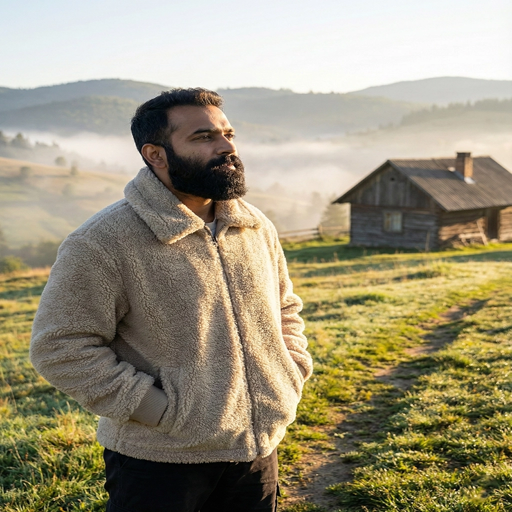 Rare Stitched men's beige teddy sherpa bomber jacket with front zipper and large pockets