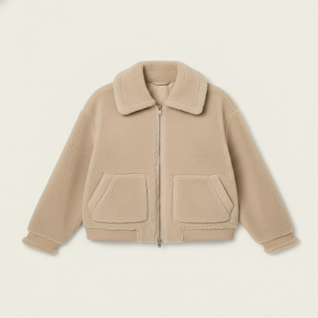 Rare Stitched Cream Pile Fleece Jacket – Soft Warm Winter Sherpa Coat with Ribbed Cuffs - Image 4