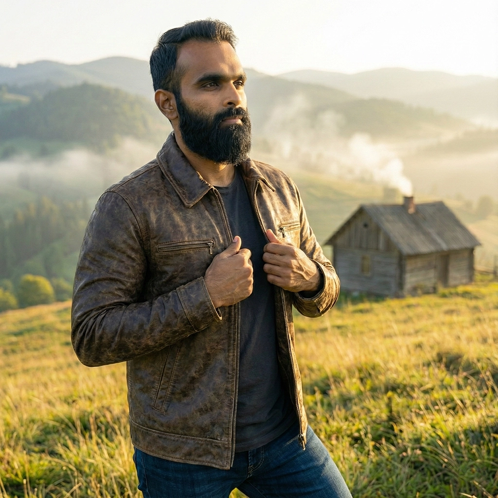 Rare Stitched Men’s Retro Brown Leather Jacket with Ribbed Trim – Casual Everyday Bomber - Image 2