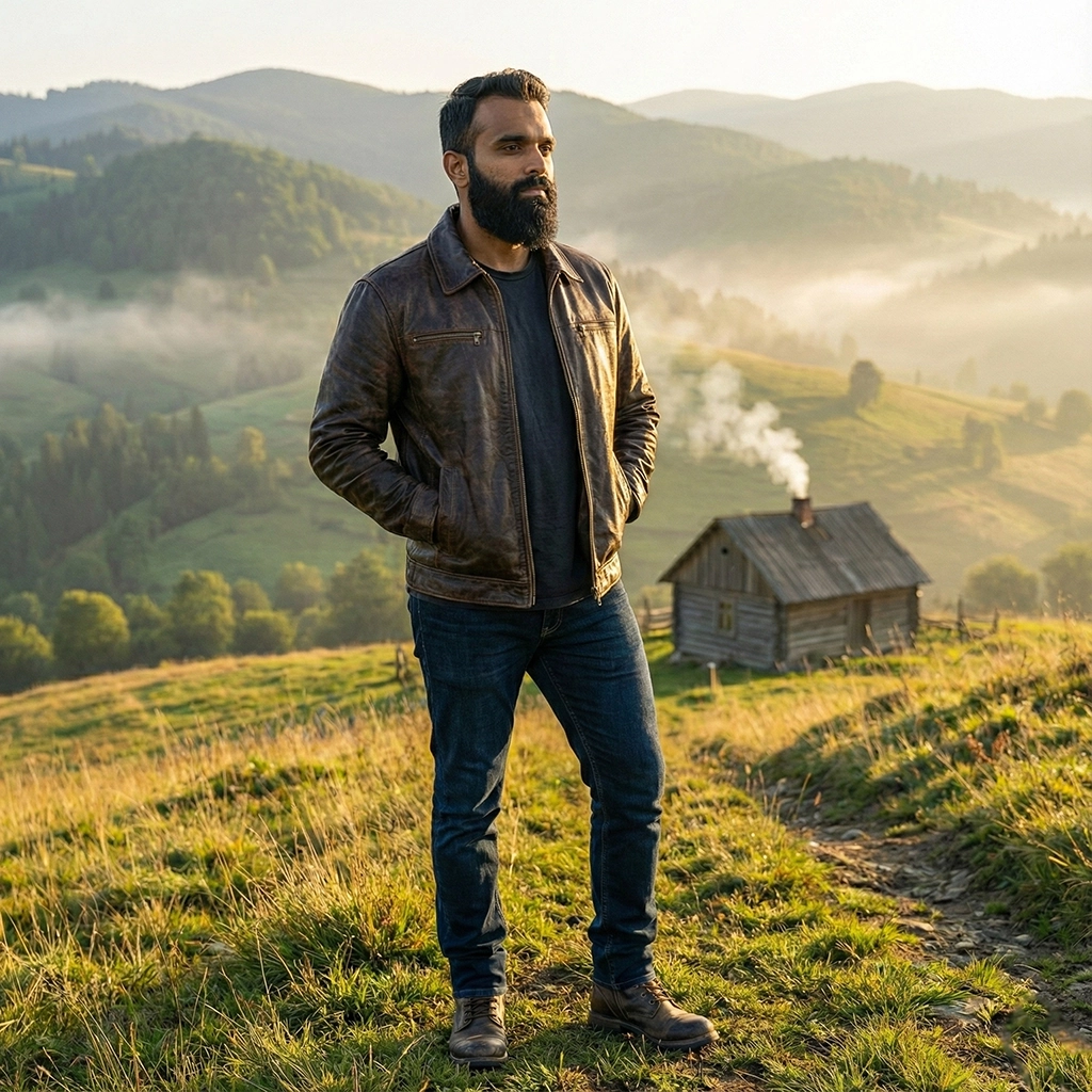 Rare Stitched men's distressed brown leather bomber jacket with shirt collar and four pockets.