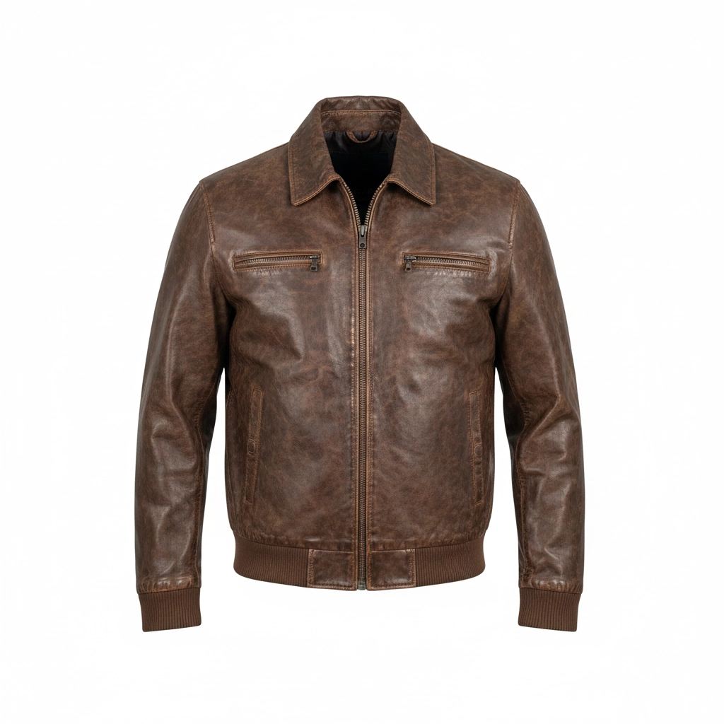 Rare Stitched Men’s Retro Brown Leather Jacket with Ribbed Trim – Casual Everyday Bomber - Image 4