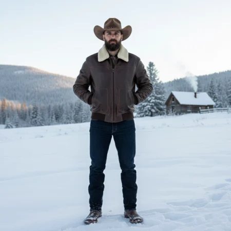 Flat lay of Rare Stitched men's distressed brown leather G-1 aviator jacket with cream sherpa collar and front pockets