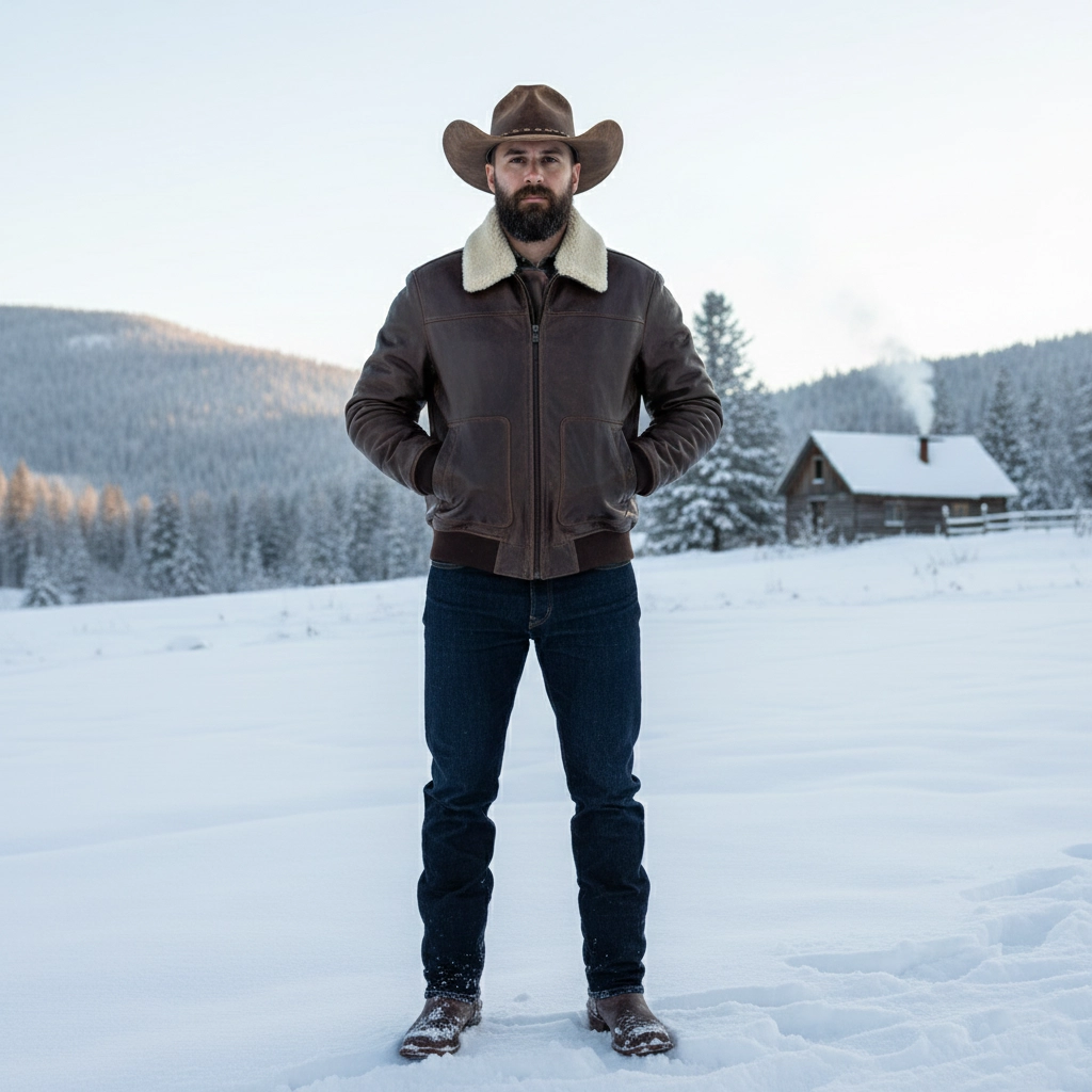 Flat lay of Rare Stitched men's distressed brown leather G-1 aviator jacket with cream sherpa collar and front pockets