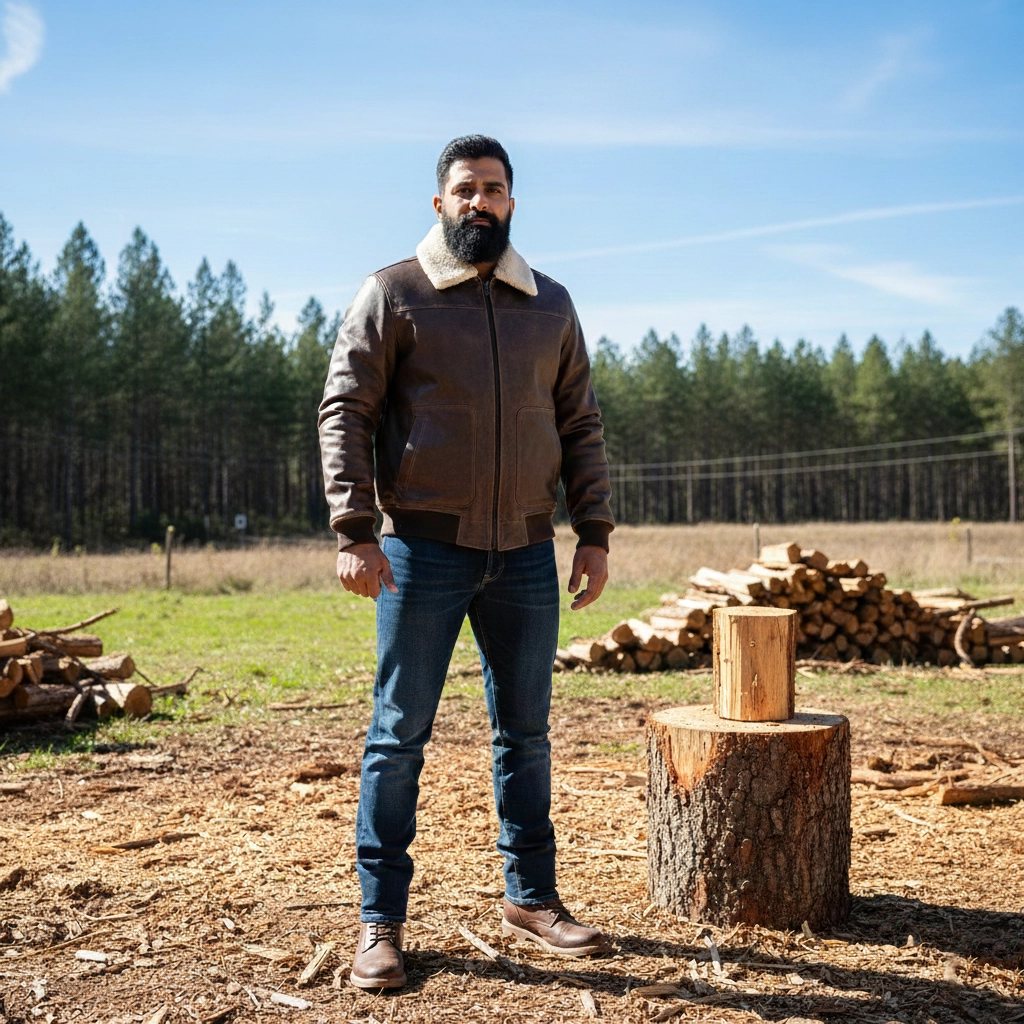 Rare Stitched Men's brown distressed leather bomber jacket with white sherpa collar and front patch pockets."
