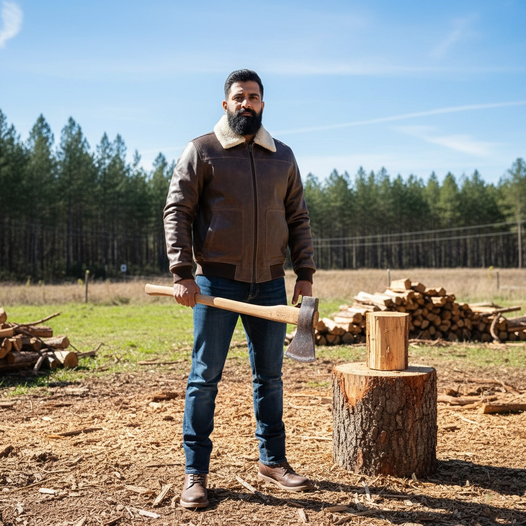 Rare Stitched Men's brown distressed leather bomber jacket with white sherpa collar and front patch pockets."