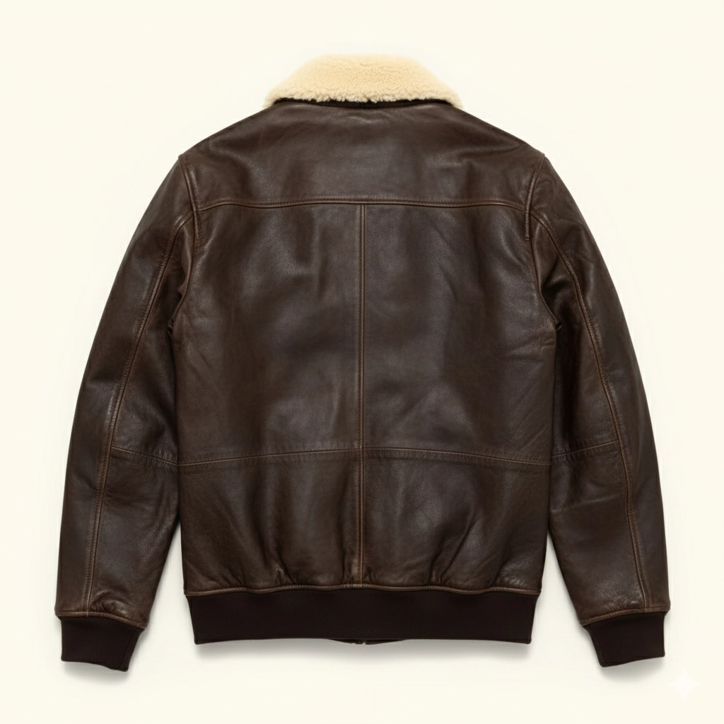 Rare Stitched Men's brown distressed leather bomber jacket with white sherpa collar and front patch pockets."