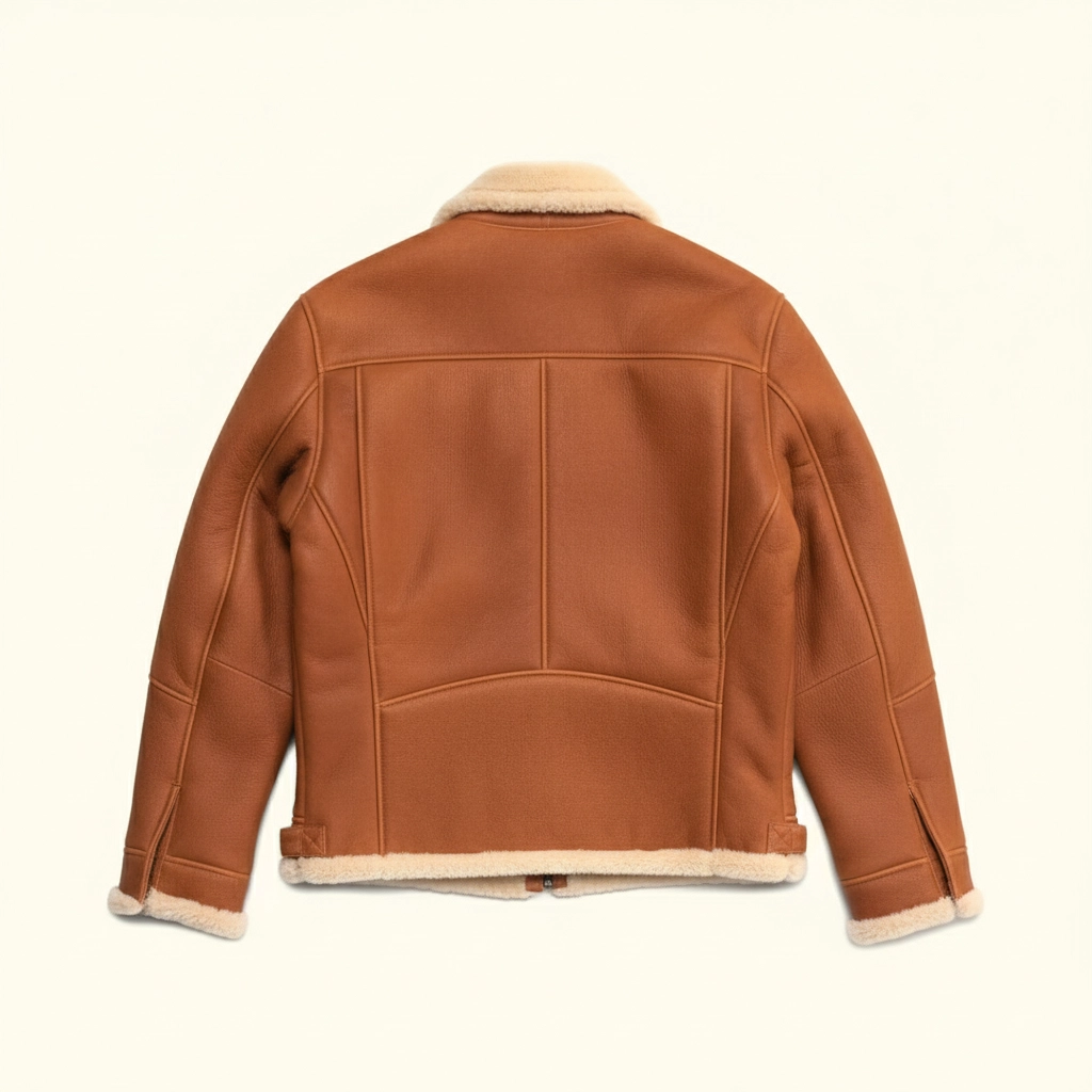 Rare Stitched men's tan leather shearling jacket worn by a man in a cowboy hat in the snow.