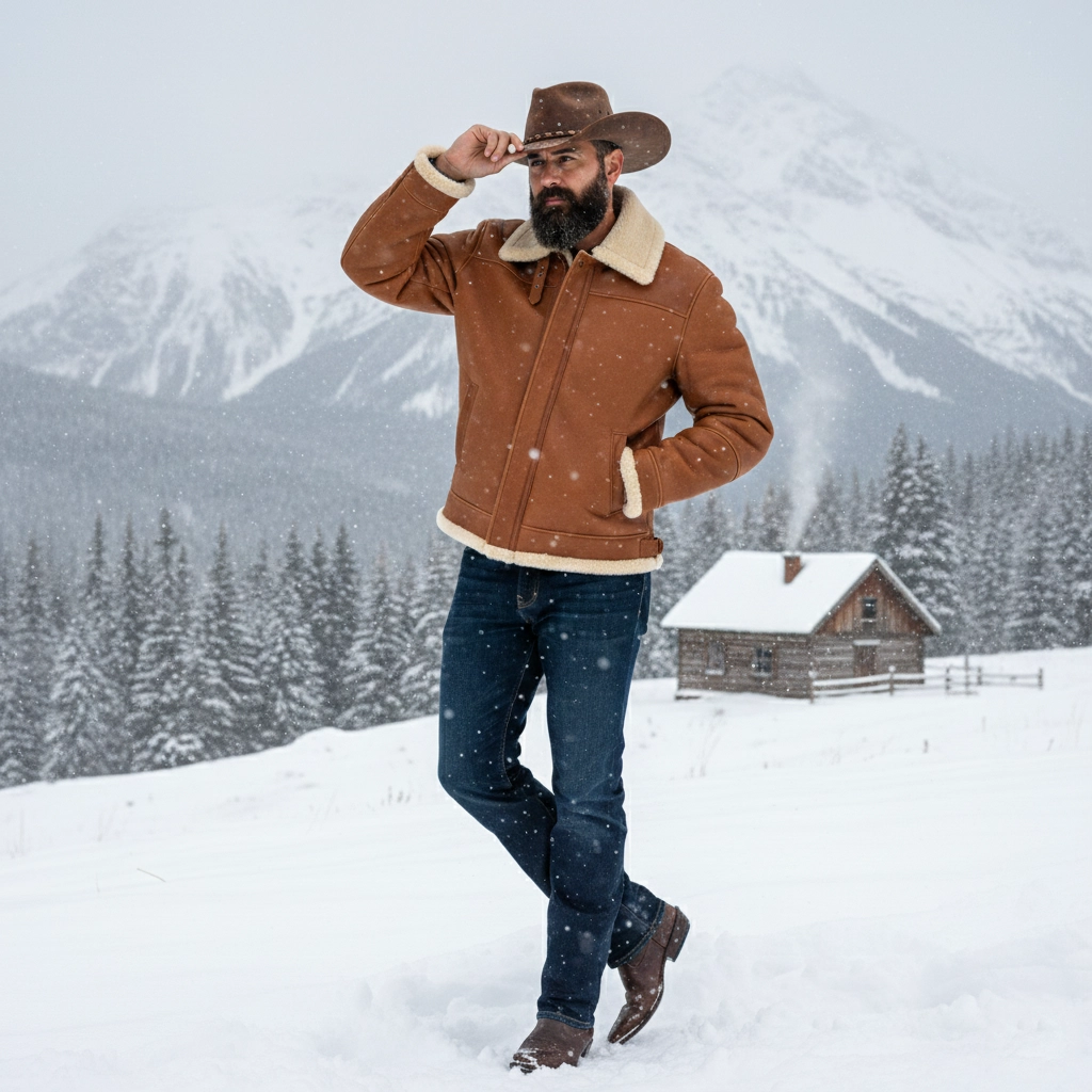 Rare Stitched men's tan leather shearling jacket worn by a man in a cowboy hat in the snow.